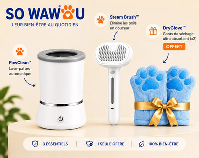 Kit So Wawou : lave-pattes, brosse et gant de séchage pour chien